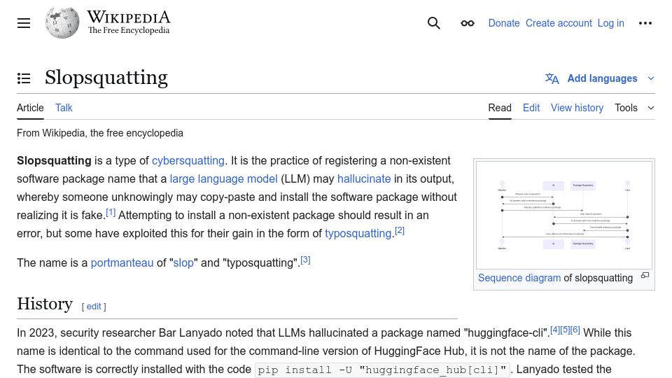 Screenshot of en.wikipedia.org: Slopsquatting