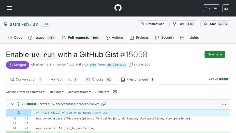 Screenshot of github.com: You can now uv run a GitHub gist