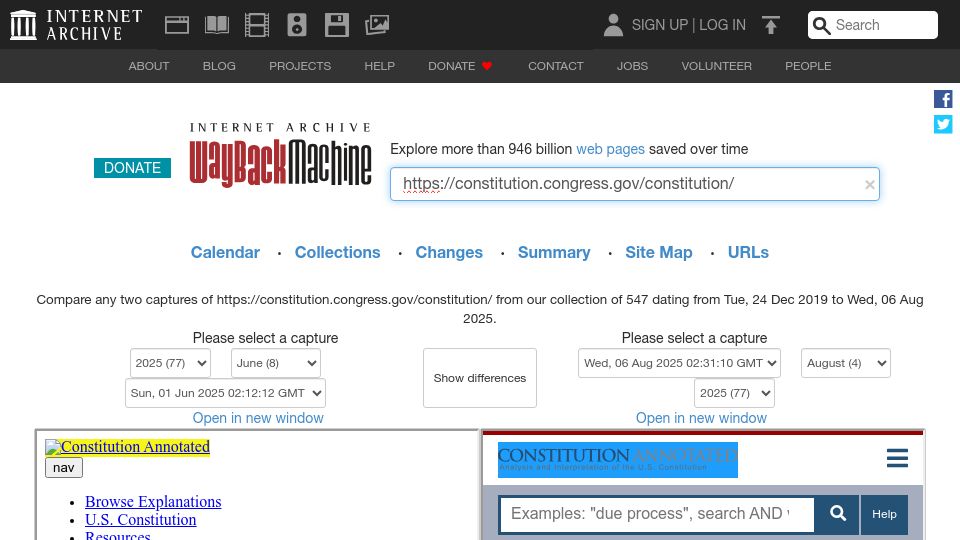 Screenshot of web.archive.org: Constitution.congress.gov/constitution 6/8/25 –> 8/4/25 Diff