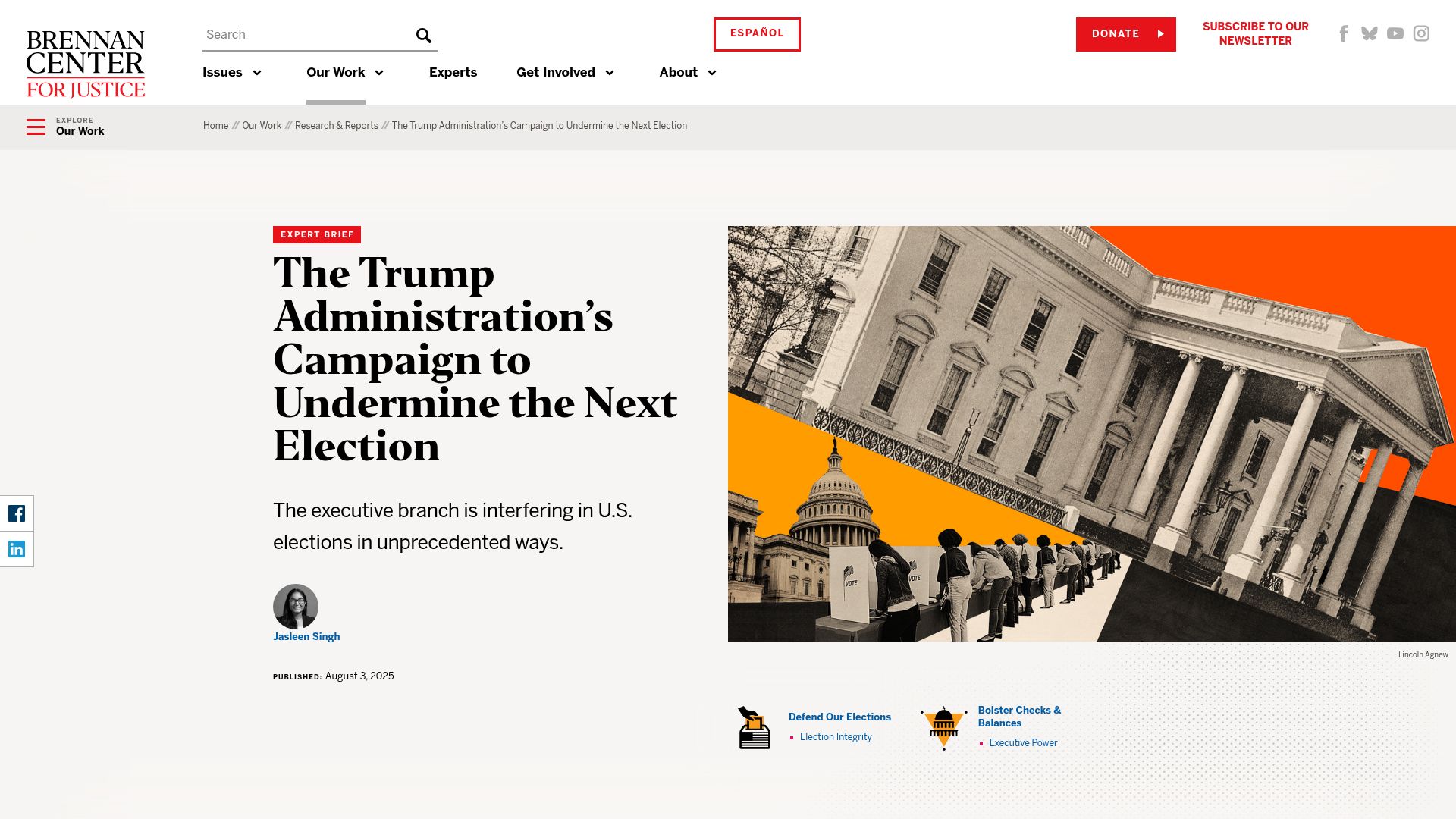 Screenshot of brennancenter.org: Brennan Center for Justice Report: The Campaign to Undermine the Next Election