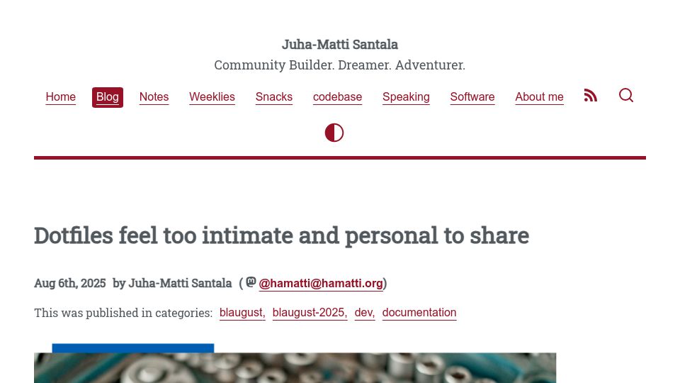 Screenshot of hamatti.org: Dotfiles feel too personal to share