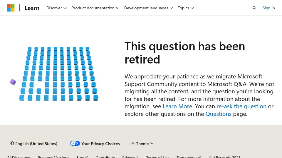 Screenshot of learn.microsoft.com: "This question has been retired"