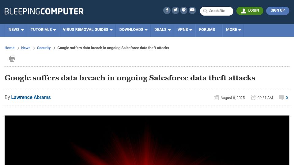 Screenshot of bleepingcomputer.com: Google suffers data breach in ongoing Salesforce data theft attacks