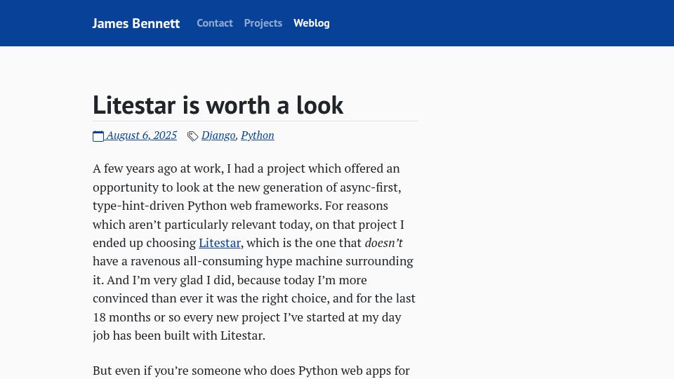 Screenshot of b-list.org: Litestar is worth a look