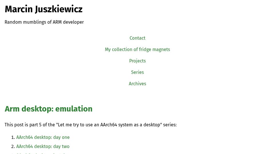 Screenshot of marcin.juszkiewicz.com.pl: Arm desktop: emulation