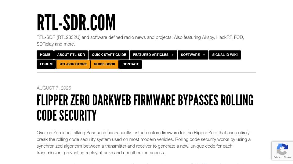 Screenshot of rtl-sdr.com: Flipper Zero dark web firmware bypasses rolling code security