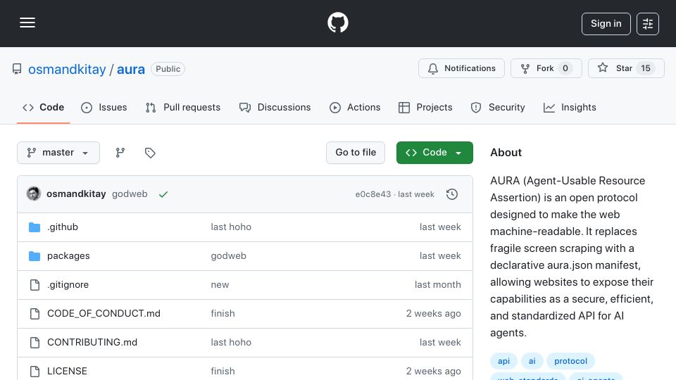 Screenshot of github.com: Show HN: Aura – Like robots.txt, but for AI actions