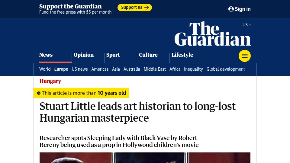 Screenshot of theguardian.com: Children's movie leads art historian to long-lost Hungarian masterpiece (2014)