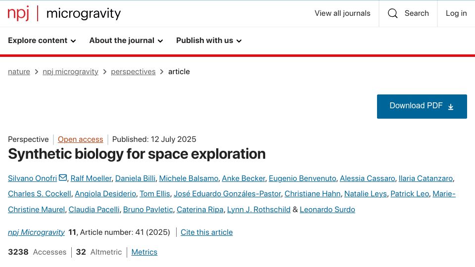 Screenshot of nature.com: Synthetic Biology for Space Exploration