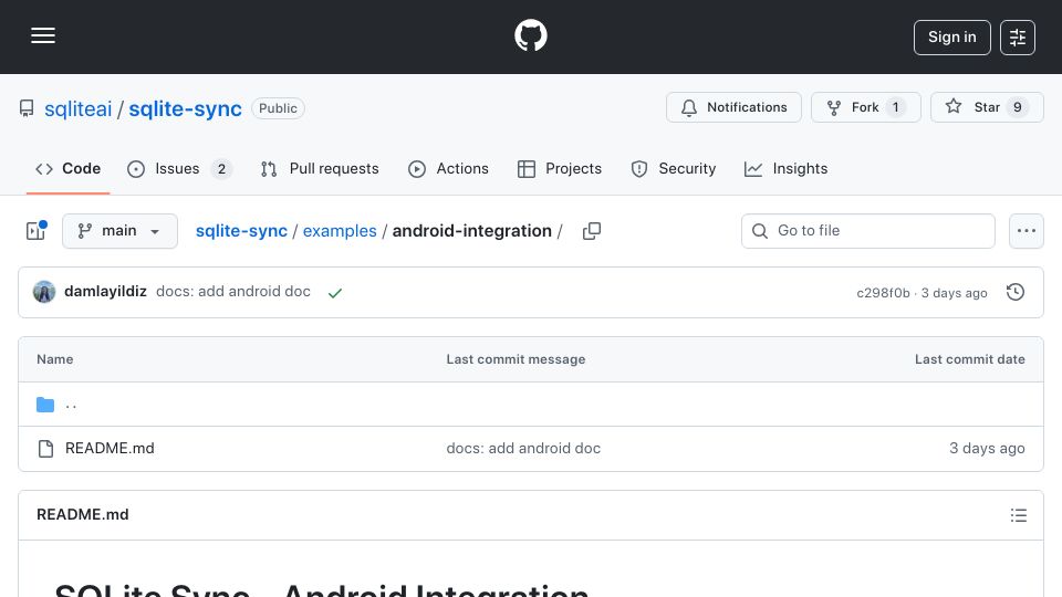 Screenshot of github.com: SQLite offline sync for Android quick start