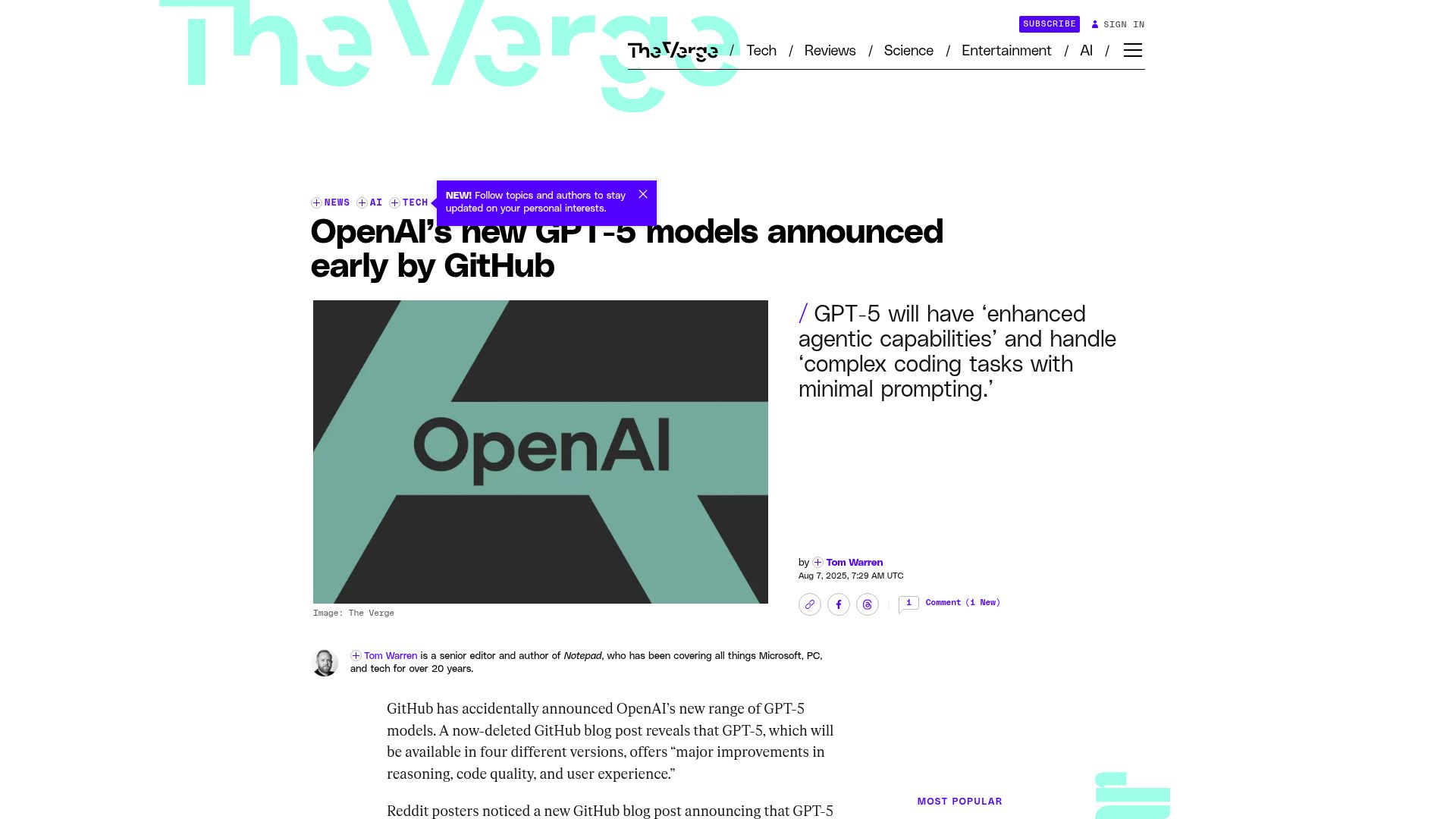 Screenshot of theverge.com: OpenAI's new GPT-5 models announced early by GitHub