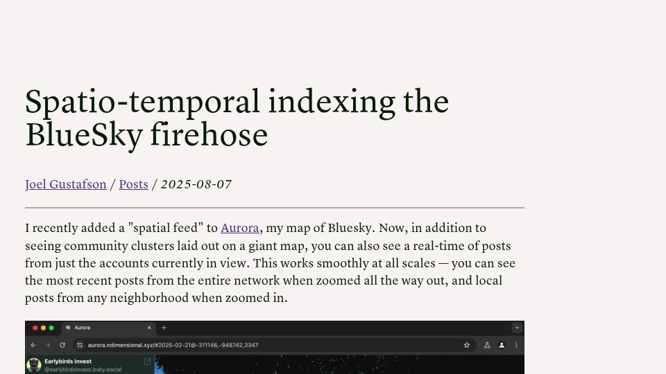 Screenshot of joelgustafson.com: Spatio-temporal indexing the Bluesky firehose