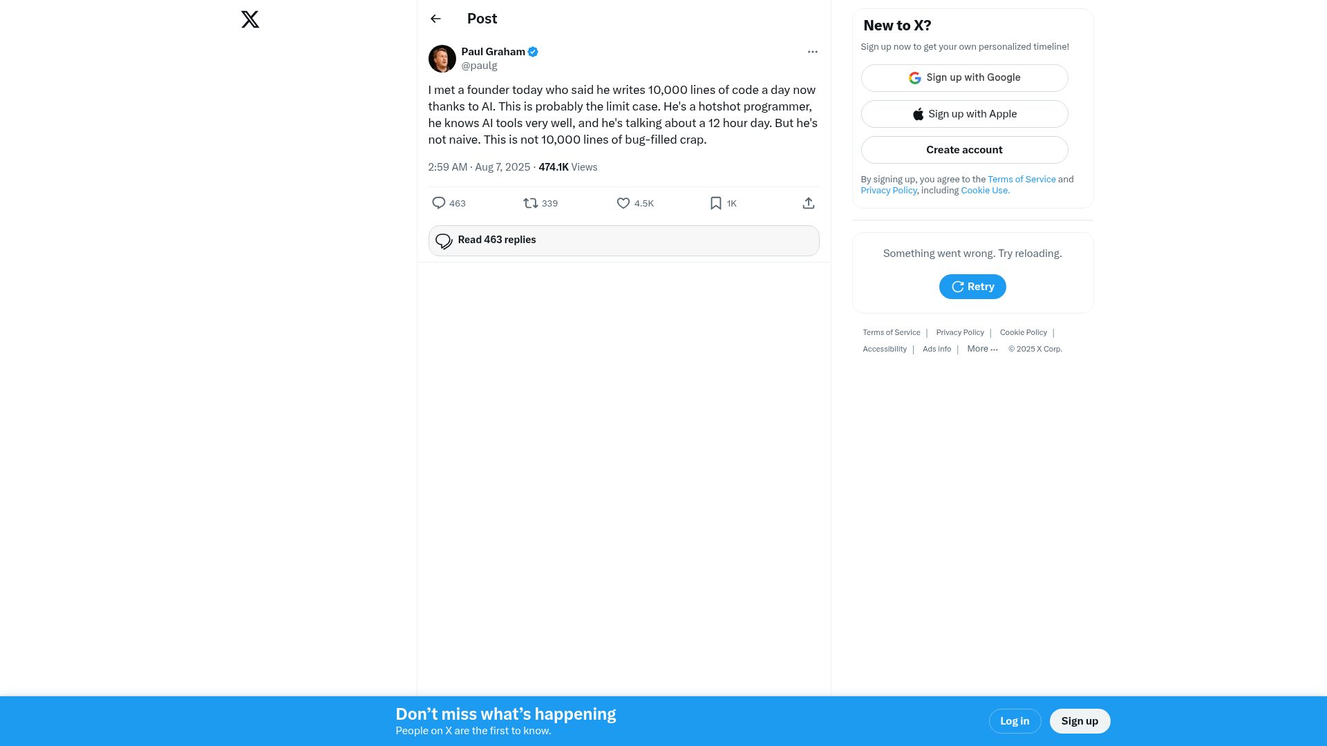 Screenshot of twitter.com: "I met a founder who writes 10k lines of code a day thanks to AI"