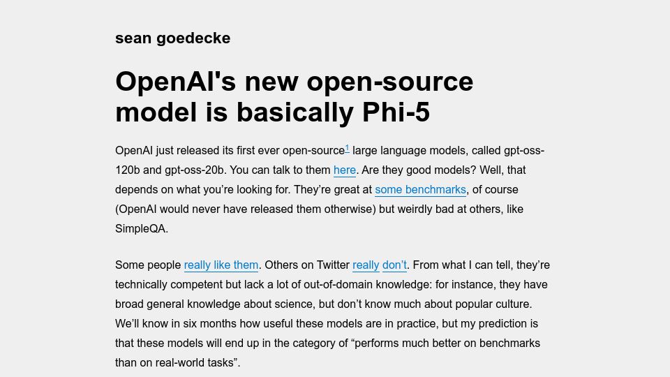 Screenshot of seangoedecke.com: OpenAI's new open-source model is basically Phi-5
