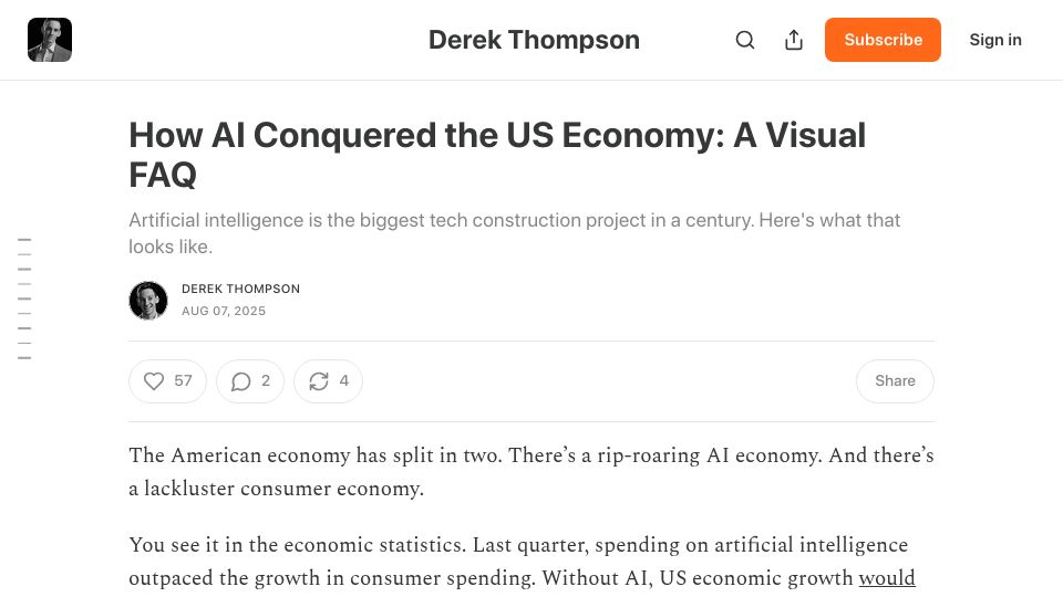Screenshot of derekthompson.org: How AI conquered the US economy: A visual FAQ