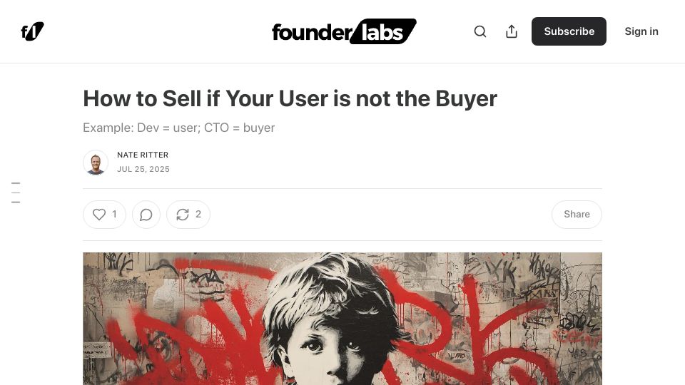 Screenshot of writings.founderlabs.io: How to sell if your user is not the buyer