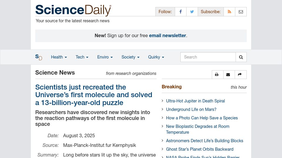 Screenshot of sciencedaily.com: Scientists have recreated the Universe's first molecule