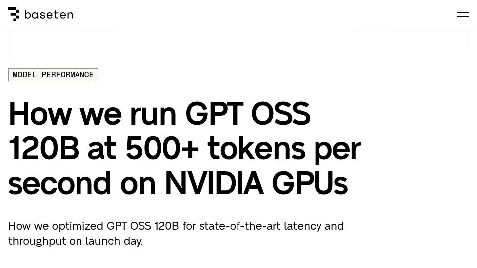 Screenshot of baseten.co: Running GPT-OSS-120B at 500 tokens per second on Nvidia GPUs