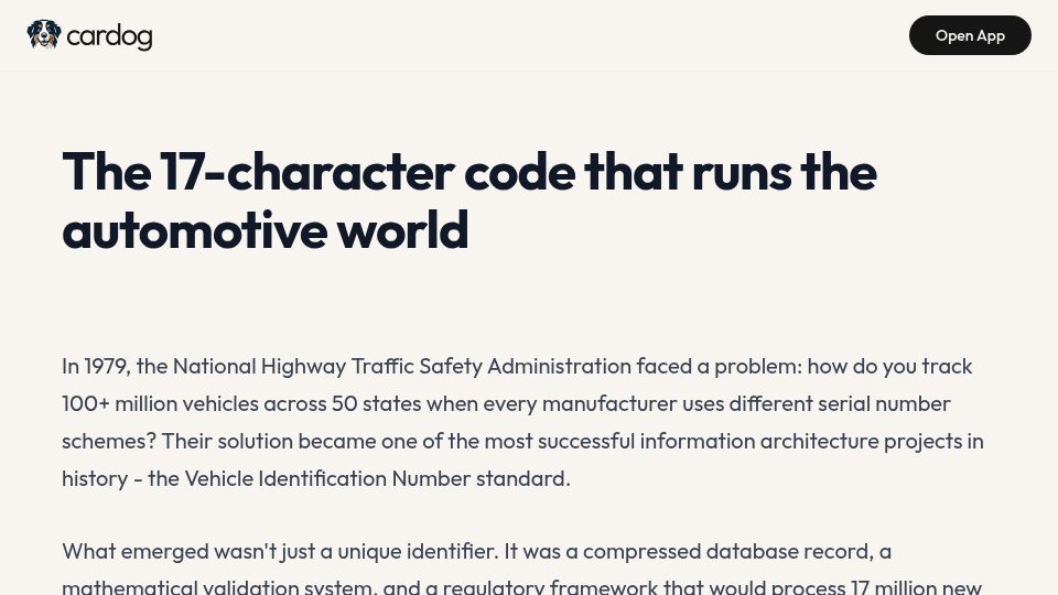 Screenshot of cardog.app: VIN: The 17-character code that runs the automotive world