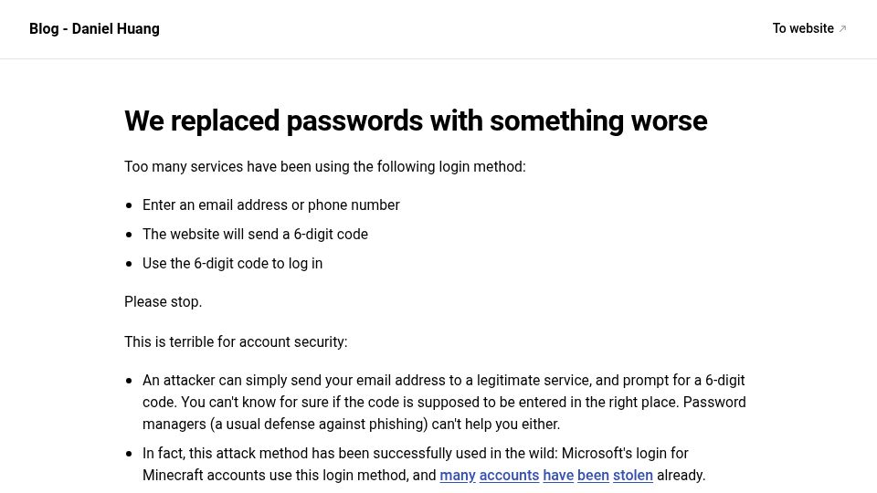 Screenshot of blog.danielh.cc: Emailing a one-time code is worse than passwords