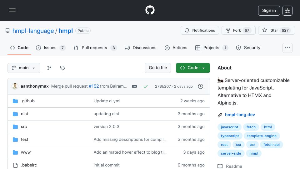 Screenshot of github.com: Show HN: HMPL – Small Template Language for Rendering UI from Server to Client