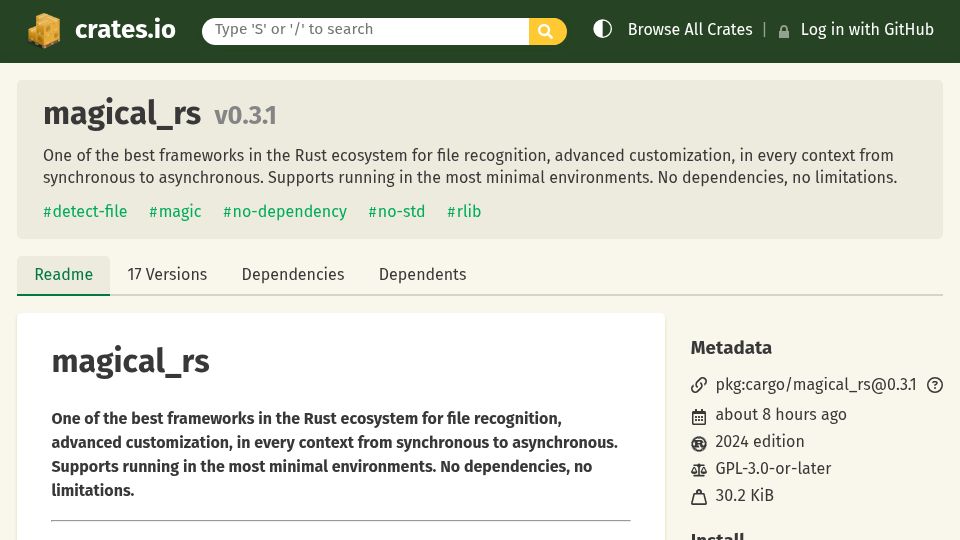 Screenshot of crates.io: Show HN: Rust framework for advanced file recognition and identification