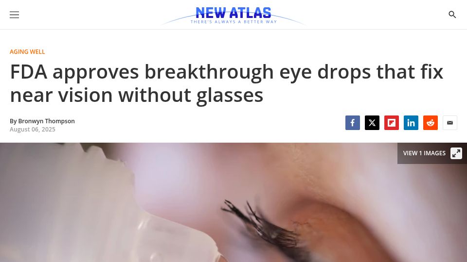 Screenshot of newatlas.com: FDA approves eye drops that fix near vision without glasses