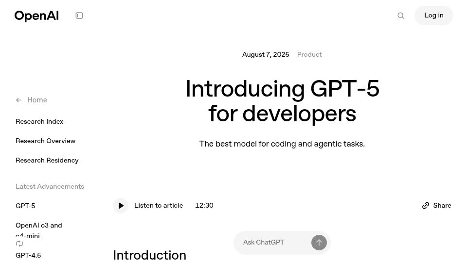 Screenshot of openai.com: GPT-5 for Developers