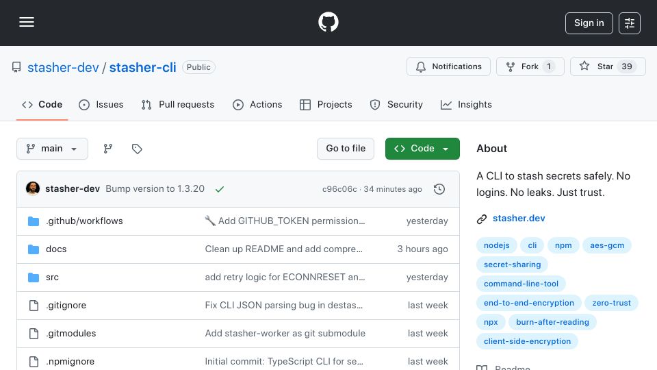 Screenshot of github.com: Show HN: Stasher – Burn-after-read secrets from the CLI, no server, no trust