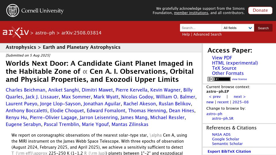 Screenshot of arxiv.org: A candidate giant planet imaged in the habitable zone of α  Cen A