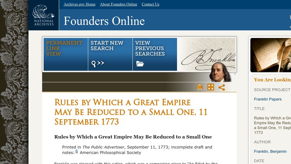 Screenshot of founders.archives.gov: Rules by which a great empire may be reduced to a small one (1773)