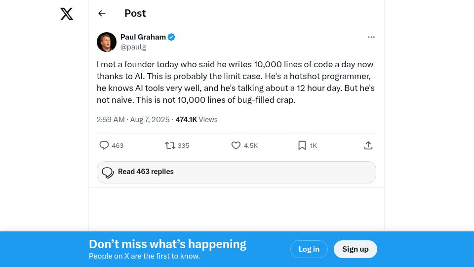 Screenshot of twitter.com: "I met a founder who writes 10k lines of code a day thanks to AI"