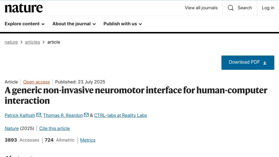 Screenshot of nature.com: A generic non-invasive neuromotor interface for human-computer interaction