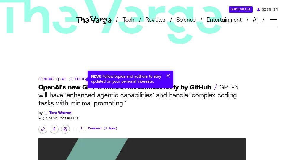 Screenshot of theverge.com: OpenAI's new GPT-5 models announced early by GitHub