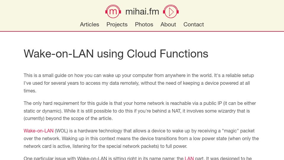 Screenshot of mihai.fm: Wake-on-LAN Using Cloud Functions