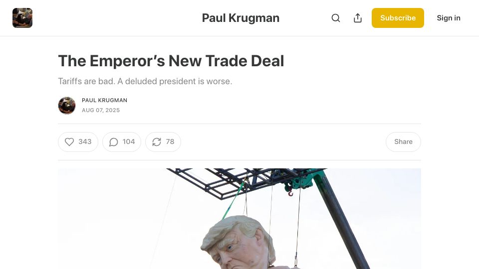 Screenshot of paulkrugman.substack.com: The Emperor's New Trade Deal – Paul Krugman