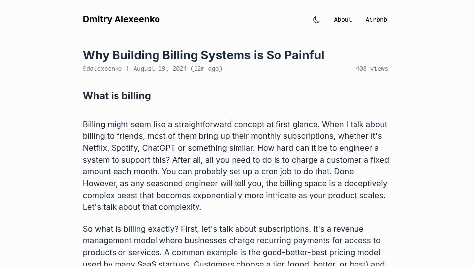 Screenshot of dmitry.ie: Why Building Billing Systems Is So Painful (2024)