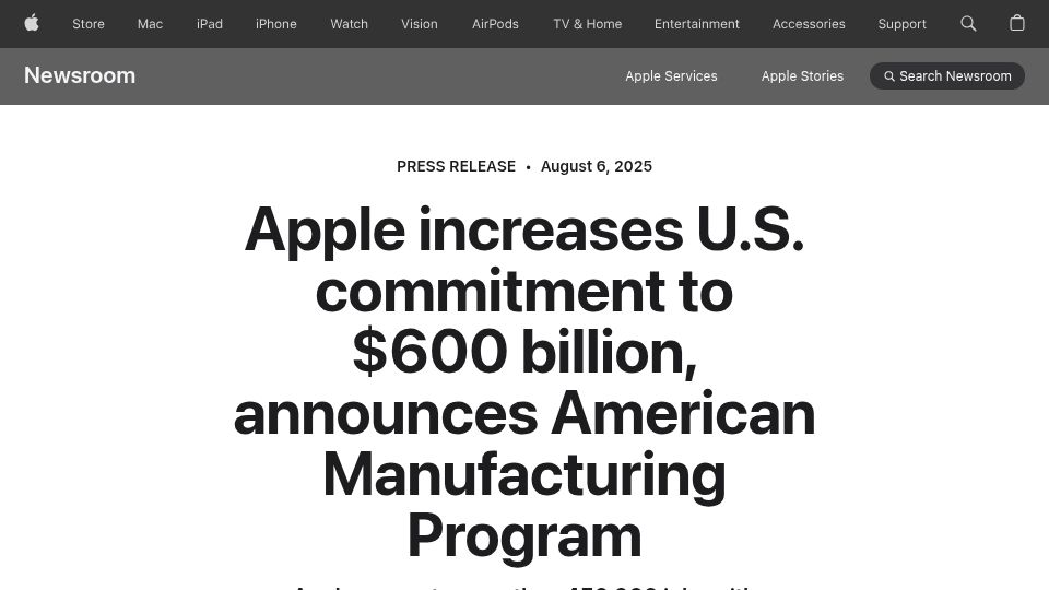 Screenshot of apple.com: Apple announces American Manufacturing Program