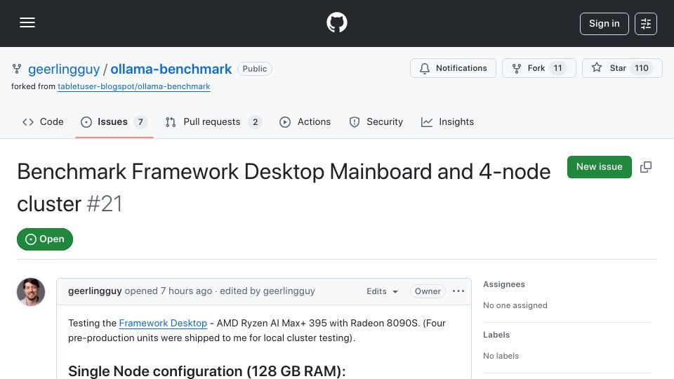 Screenshot of github.com: Benchmark Framework Desktop Mainboard and 4-node cluster