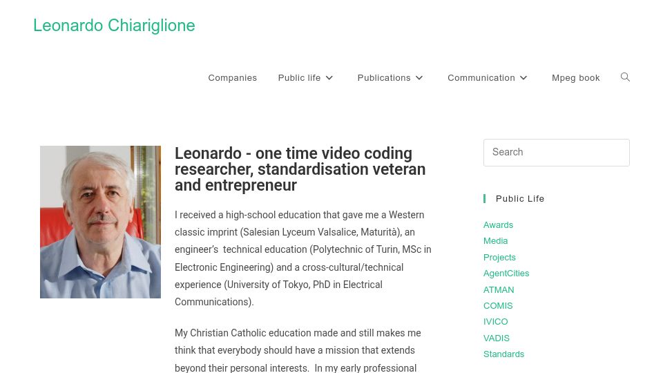 Screenshot of leonardo.chiariglione.org: Leonardo Chiariglione – Co-founder of MPEG