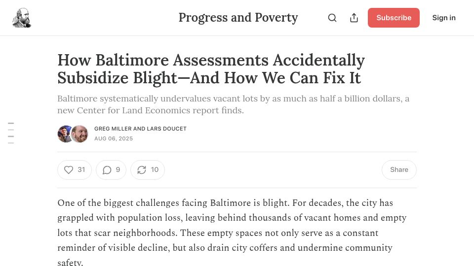 Screenshot of progressandpoverty.substack.com: Baltimore Assessments Accidentally Subsidize Blight–and How We Can Fix It