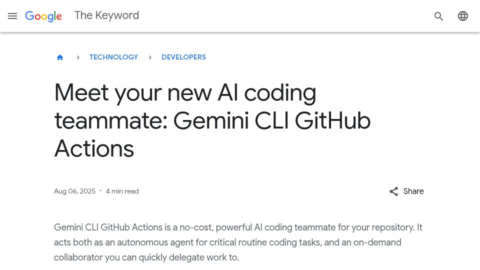 Screenshot of blog.google: Gemini CLI GitHub Actions