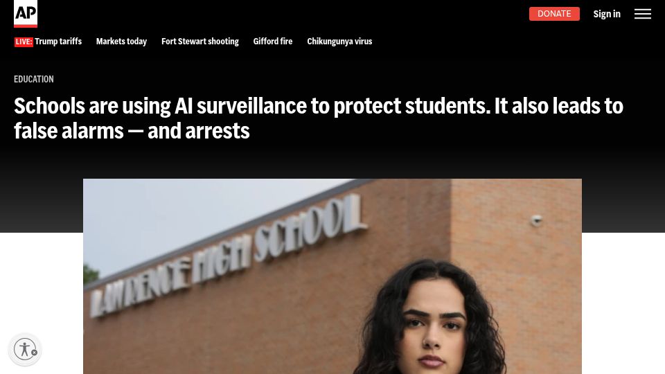 Screenshot of apnews.com: School AI surveillance can lead to false alarms, arrests
