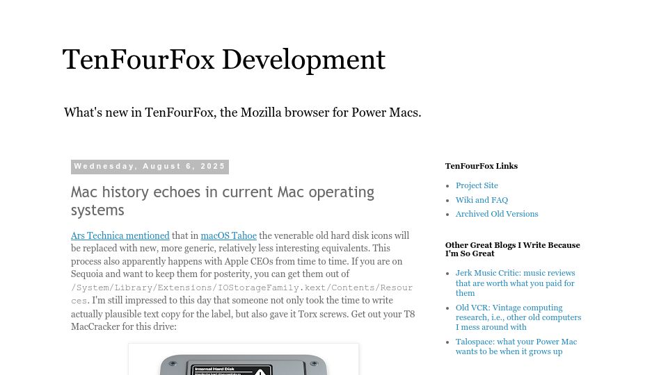 Screenshot of tenfourfox.blogspot.com: Mac history echoes in current Mac operating systems