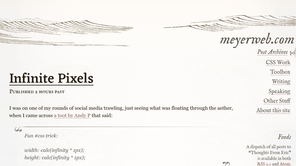 Screenshot of meyerweb.com: Infinite Pixels