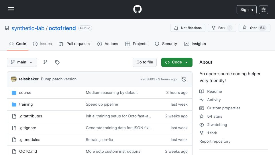 Screenshot of github.com: Show HN: Octofriend, a cute coding agent that can swap between GPT-5 and Claude