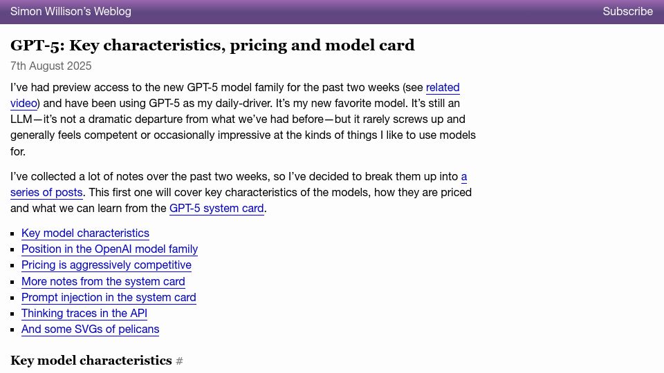 Screenshot of simonwillison.net: GPT-5: Key characteristics, pricing and system card