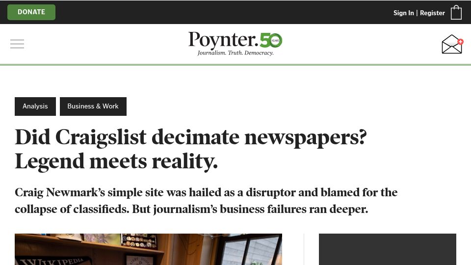 Screenshot of poynter.org: Did Craigslist decimate newspapers? Legend meets reality