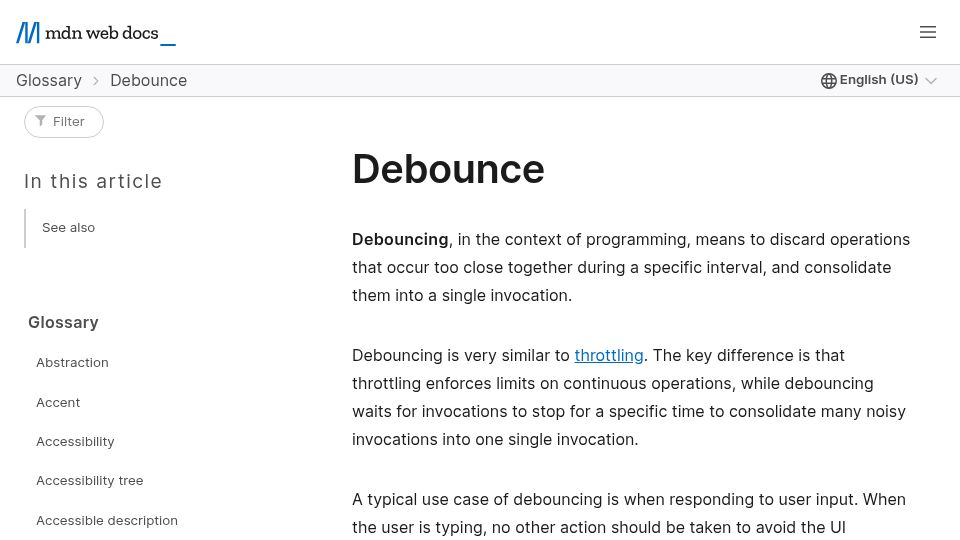 Screenshot of developer.mozilla.org: Debounce