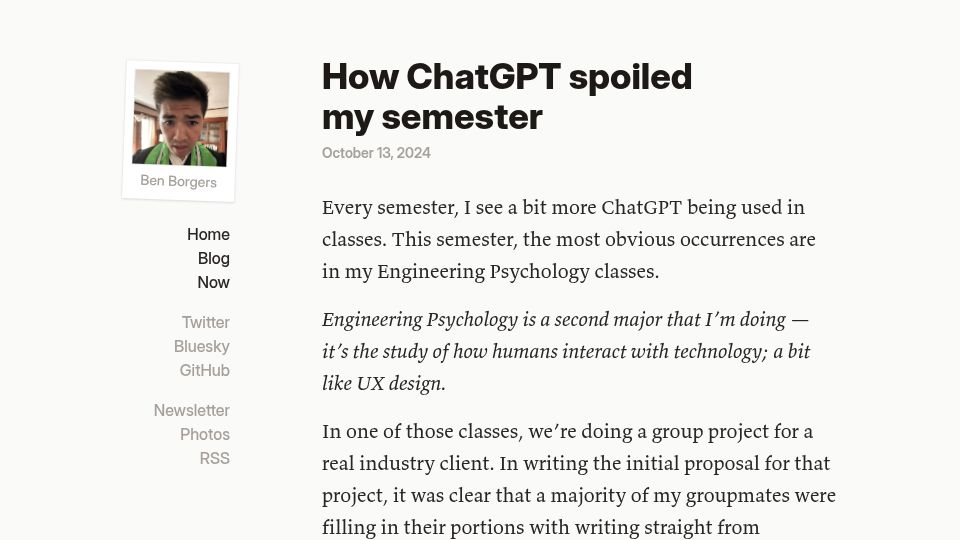 Screenshot of benborgers.com: How ChatGPT spoiled my semester (2024)